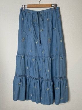 Indigo Rose Embroidered Long Chambray Maxi Skirt Sz L Blue Tiered Elastic Waist